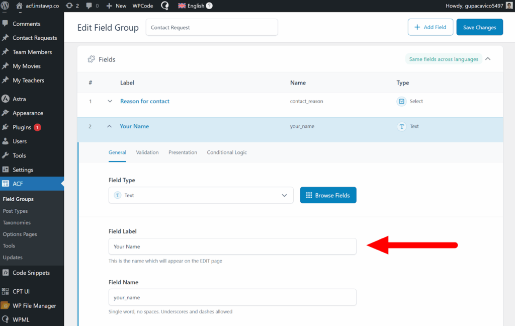 Field label in backend
