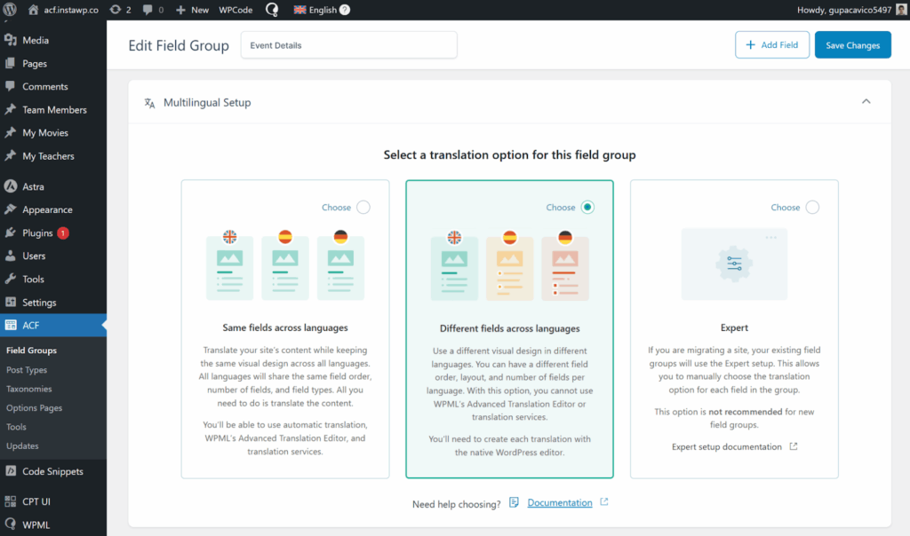 Selecting different fields across languages