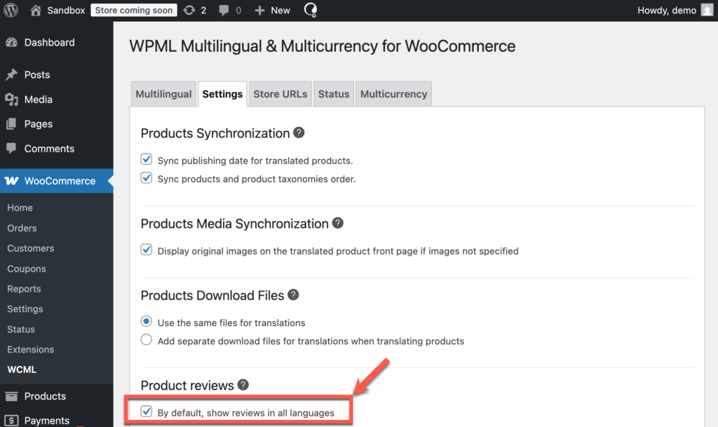 Enabling the option to show product reviews in all languages