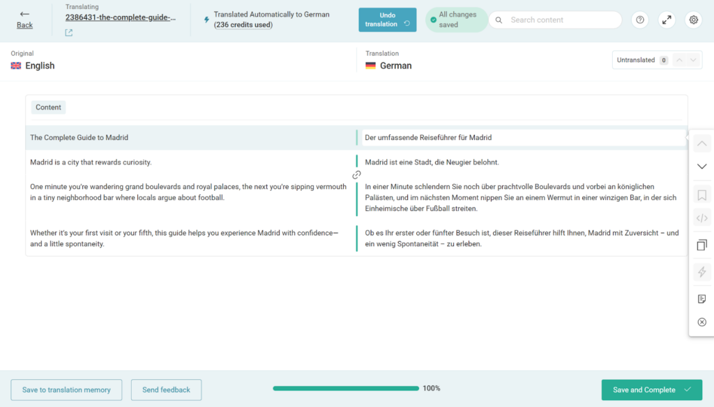 Translating content with the Advanced Translation Editor