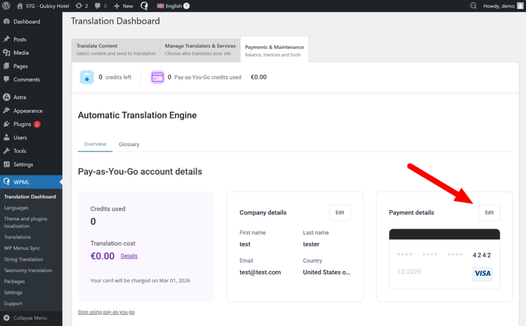 Changing payment method for automatic translation