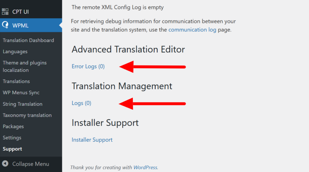 Error log links in WPML&rsquo;s Support screen