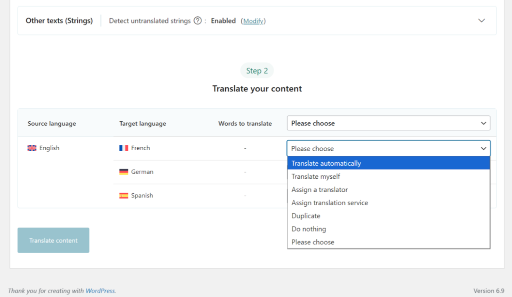 Selecting Translate Automatically in Step 2
