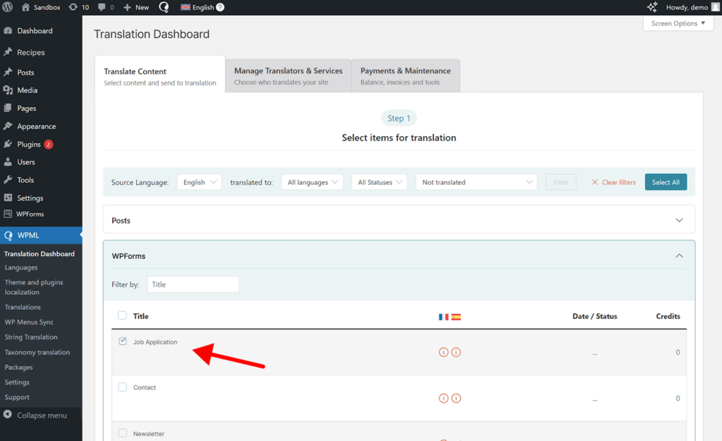 Selecting WPForms to translate