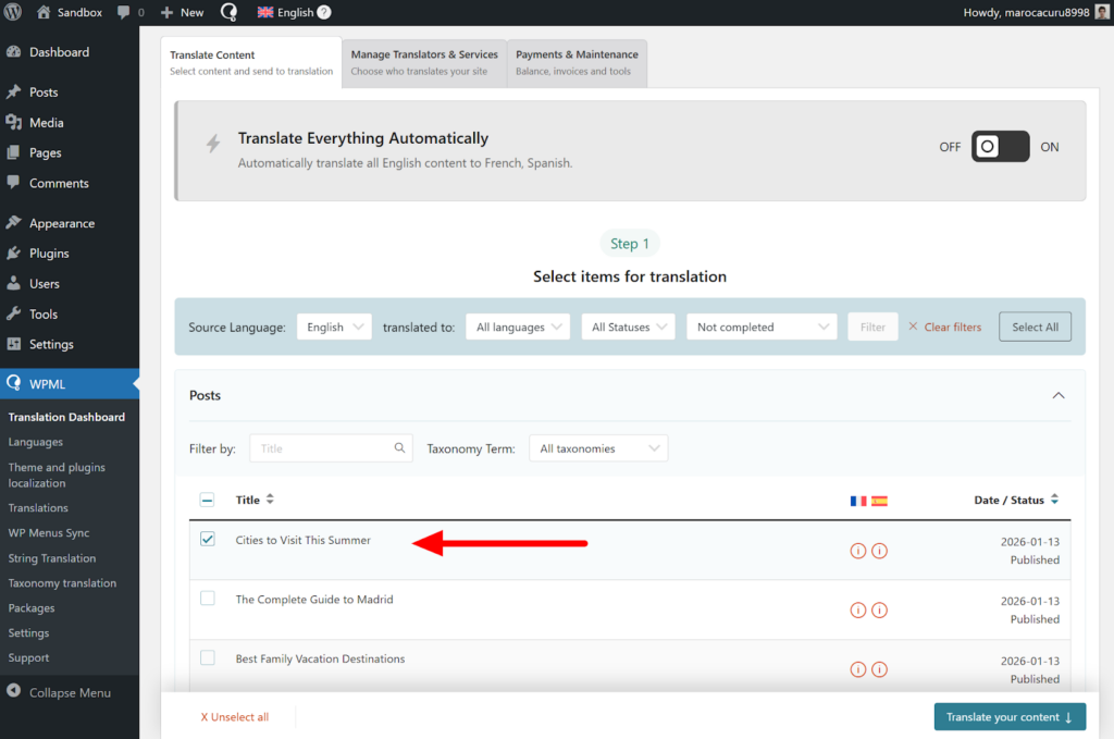 Selecting content to translate in the Translation Dashboard