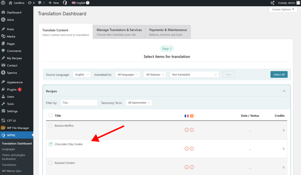 Selecting custom post to translate