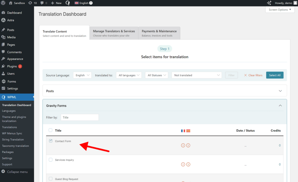 Selecting to translate Gravity Forms