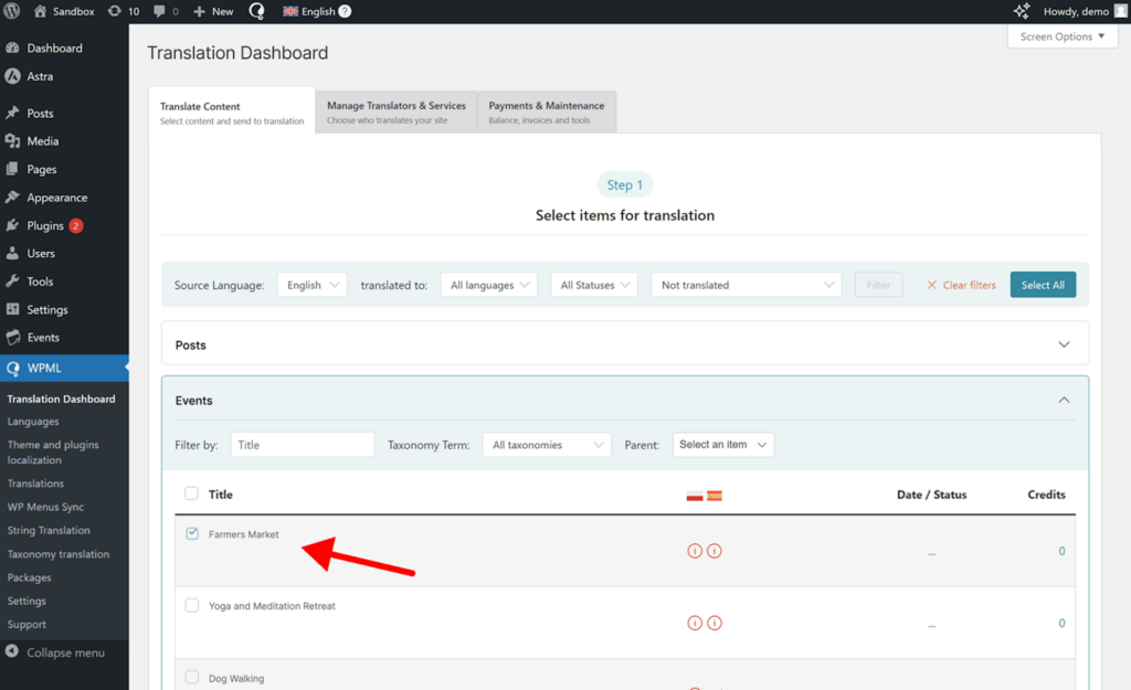 Selecting to translate an Event in the Translation Dashboard