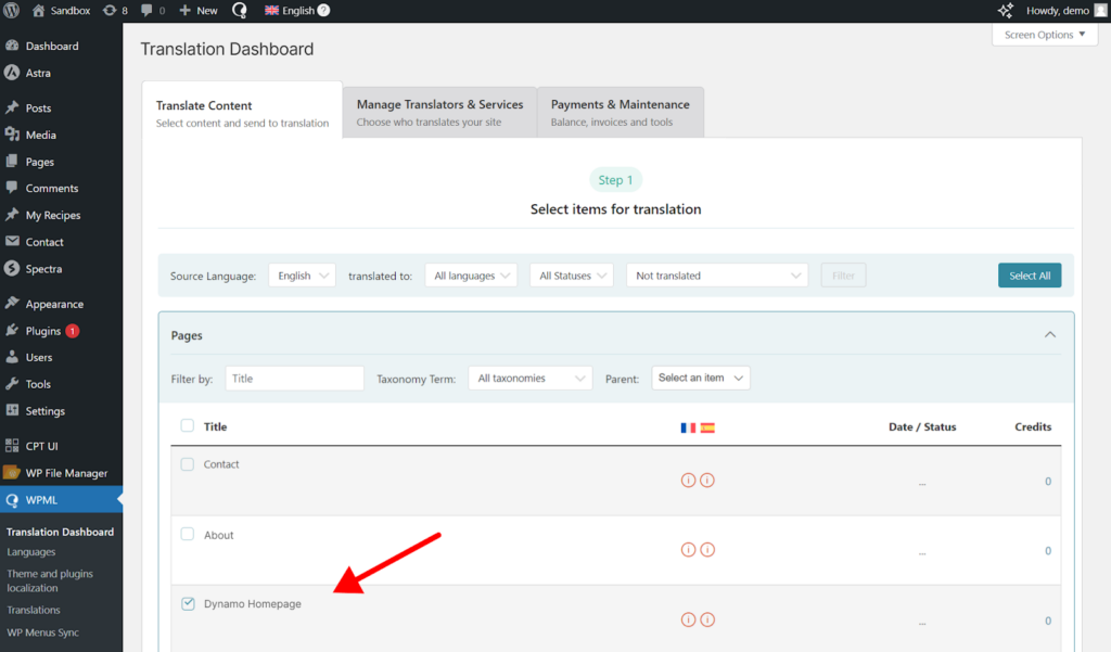 Selecting to translate homepage