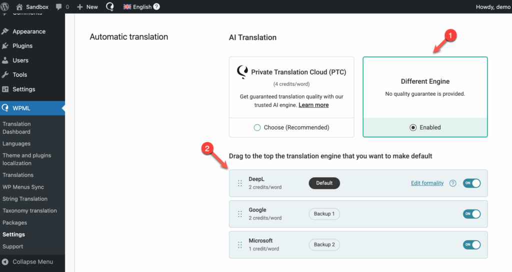 DeepL translation engine in WPML Settings