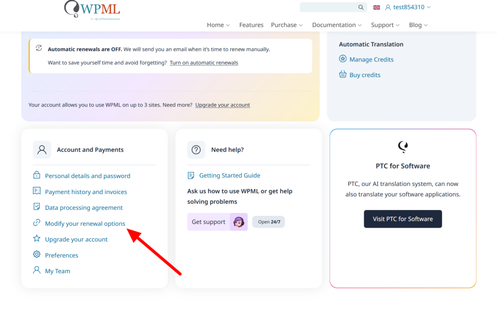 Modify your renewal options in WPML Account