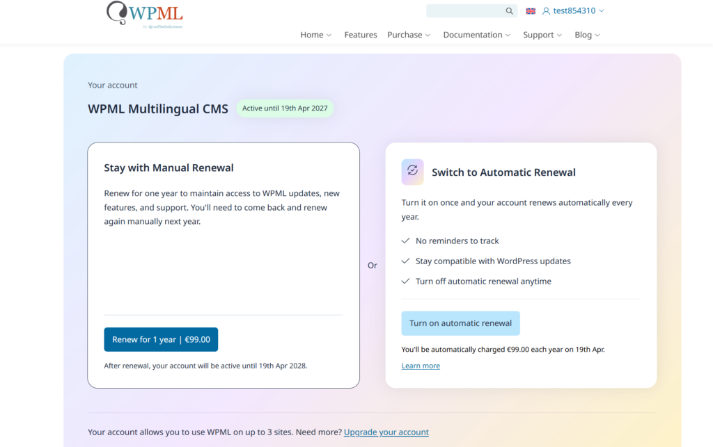 Renewal options in WPML Account