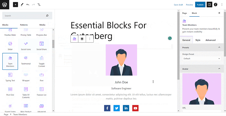 Essential Blocks editor screenshot showing block library and inserter